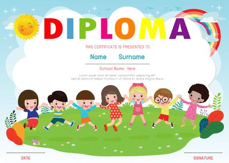Certificate kids diploma, kindergarten template layout space background frame design vector. Preschool Kids Diploma,Certificate of children diploma, education preschool concept. Vector Illustrationのイラスト素材