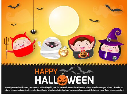Happy Halloween Kids Costume Party, group children and pumpkin in the moonlight, Template for advertising brochure. Happy Halloween party poster and theme design background Vector Illustrationのイラスト素材