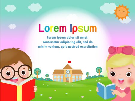 Back to school, happy kids reading books, student learning, education concept Template for advertising brochure, your text, children and frame, cartoon child character. Vector Illustrationのイラスト素材