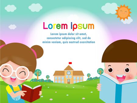 Back to school, happy kids reading books, student learning, education concept Template for advertising brochure, your text, children and frame, cartoon child character. Vector Illustrationのイラスト素材