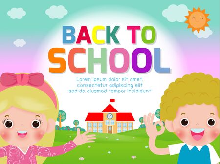 Back to school vector banner design with happy Children, poster background cover book, web, flyer, banner and template. Ready for your message, Funny cartoon kids character. Vector illustrationのイラスト素材