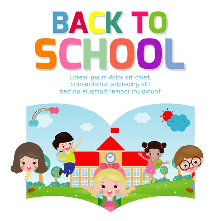 Back to school vector banner design with happy Children, poster background cover book, web, flyer, banner and template. Ready for your message, Funny cartoon kids character. Vector illustrationのイラスト素材
