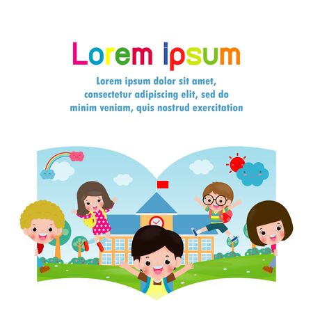 back to school template with kids, education concept poster background cover book, web, flyer, banner, children and frame,  Ready for your message, Funny cartoon kids character. Vector illustrationのイラスト素材