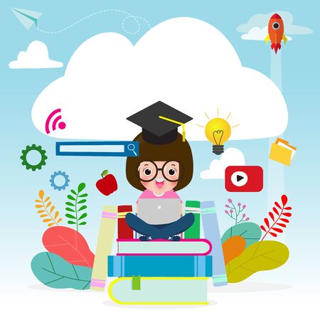 Girl sitting on books and textbooks while surfing internet with a laptop for ideas. knowledge online. distance education concept. video tutorial, training courses. vector illustration.のイラスト素材