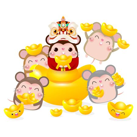 Happy Chinese new year, group of Little rat holding Chinese gold, Happy new year 2020 year of the rat zodiac isolated on white Backgroundのイラスト素材