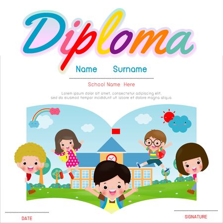 Certificate kids diploma, kindergarten template layout space background frame design vector. Preschool Kids Diploma,Certificate of children diploma, education preschool concept. Vector Illustrationのイラスト素材