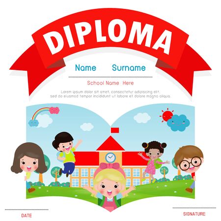 Certificate kids diploma, kindergarten template layout space background frame design vector. Preschool Kids Diploma,Certificate of children diploma, education preschool concept. Vector Illustrationのイラスト素材