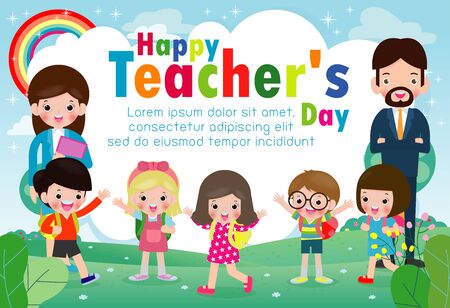 Happy teacher`s day poster concept, World teachers day flat vector banner template, teachers and pupils celebrating international holiday. Greeting card, postcard, poster design layoutのイラスト素材