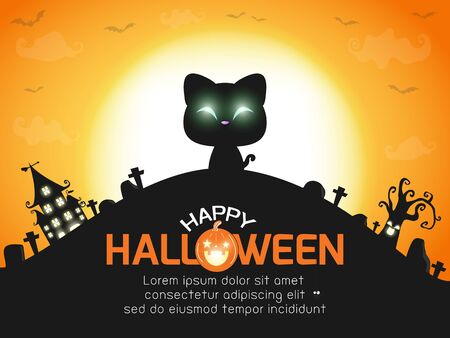 Happy halloween poster, black cat under the moonlight, halloween banner, halloween trick or Treating background, Template for advertising brochure, greeting card Vector Illustration.のイラスト素材