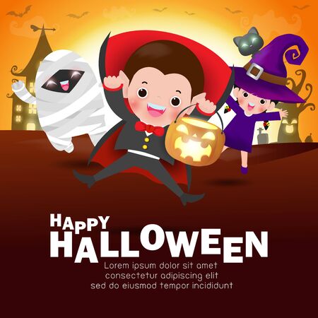 Happy Halloween Kids Costume Party. Group of children in Halloween cosplay. Template for advertising brochure. Happy Halloween party poster and theme design background Vector Illustrationのイラスト素材