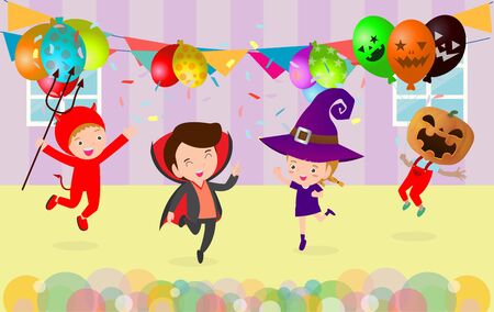 Happy Halloween Kids Costume Party. Group of children in Halloween cosplay. Template for advertising brochure. Happy Halloween party poster and theme design background Vector Illustrationのイラスト素材