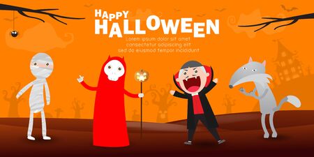 Happy Halloween Costume Party. Halloween cosplay. Template for advertising brochure. Happy Halloween party poster and theme design background Vector illustrationのイラスト素材