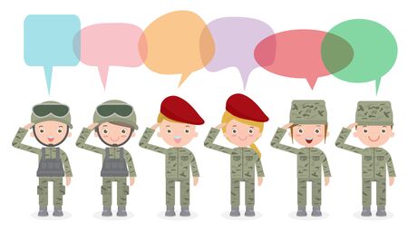set of soldiers with speech bubble, talking with speech balloon vector illustration isolated on white background US Army, soldiers Isolated vector illustration.のイラスト素材