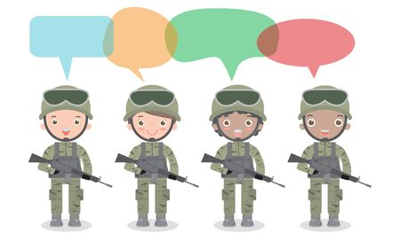 set of soldiers with speech bubble, talking with speech balloon vector illustration isolated on white background US Army, soldiers Isolated vector illustration.のイラスト素材
