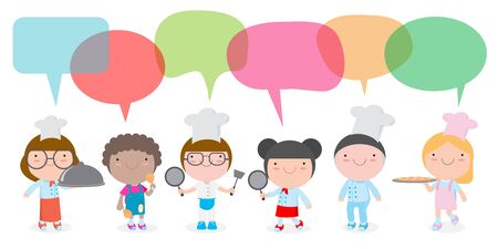 Characters set of children cooks. People boy and girl chef with speech bubble, talking with speech balloon vector illustration isolated on white backgroundのイラスト素材
