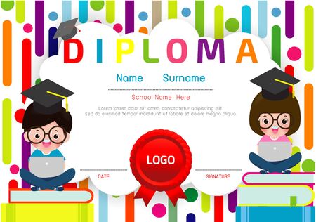 Certificate kids diploma, kindergarten template layout space background frame design vector. Preschool Kids Diploma,Certificate of children diploma, education preschool concept. Vector Illustrationのイラスト素材