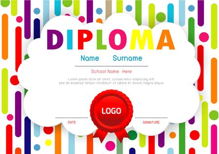 Certificate kids diploma, kindergarten template layout space background frame design vector. Preschool Kids Diploma,Certificate of children diploma, education preschool concept. Vector Illustrationのイラスト素材