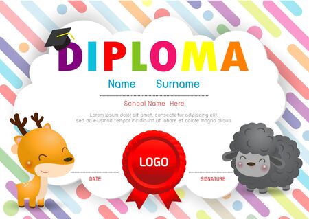 Certificate kids diploma, kindergarten template layout space background frame design vector. Preschool Kids Diploma,Certificate of children diploma, education preschool concept. Vector Illustrationのイラスト素材