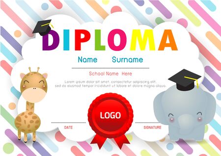 Certificate kids diploma, kindergarten template layout space background frame design vector. Preschool Kids Diploma,Certificate of children diploma, education preschool concept. Vector Illustrationのイラスト素材