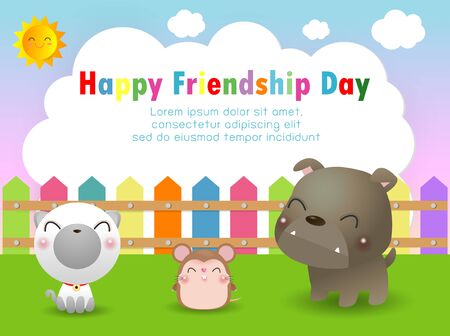 Happy friendship day greeting card with diverse friend group of best friend animals,dog,cat,rat, background poster Template for advertising brochure Vectorのイラスト素材