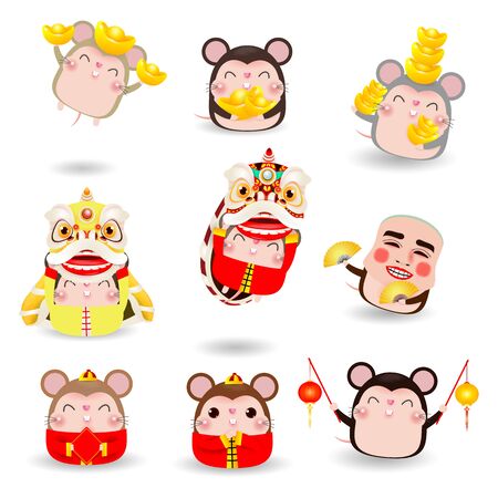 Set of cute little cartoon rats, Happy Chinese new year 2020 of the rat zodiac isolated on white background Vector illustrationのイラスト素材