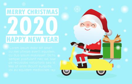Merry Christmas and Happy New Year. Christmas celebrations with cute santa claus riding motorcycle, Santa delivers gifts for christmas card Template for advertising brochure, your text, Vectorのイラスト素材