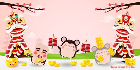 Happy Chinese new year 2020 of the rat zodiac poster design with rat, firecracker and lion dance man with smile mask. greeting card isolated on Background,のイラスト素材