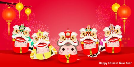 five little rats and lion dance, Happy new year 2020 year of the rat zodiac, Cartoon isolated vector illustration, greeting card red color on Background, Translation: Happy New Year.のイラスト素材