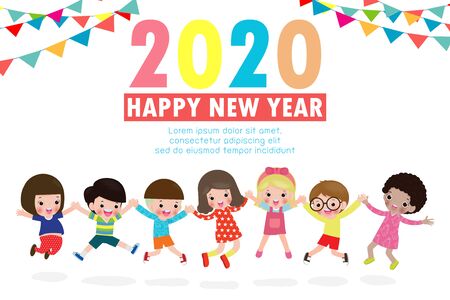 Happy New Year 2020 greeting card with group kids jumping, happy children with Happy new year, Colorful background Vector Illustrationのイラスト素材