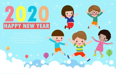 Happy New Year 2020 greeting card with group kids jumping, happy children with Happy new year, Colorful background Vector Illustrationのイラスト素材