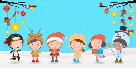 Merry Christmas and happy new year, group Kids With Christmas Costumes greeting card background, Template for advertising brochure,your text, Santa Claus and frame, isolated vector Illustrationのイラスト素材