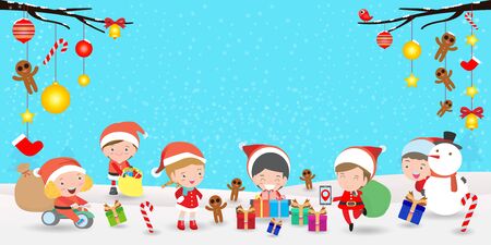 Merry Christmas and happy new year, group Kids With Christmas Costumes greeting card background, Template for advertising brochure,your text, Santa Claus and frame, isolated vector Illustrationのイラスト素材