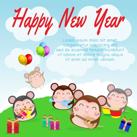 Happy new year 2020 greeting card with cute little mouse play musical and dance. Rat zodiac. Merry Christmas of the Rat  Symbol, flyers, posters, banners and calendar. Isolated on white vector cartoonのイラスト素材