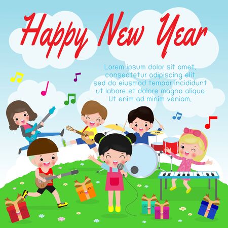 Happy new year 2020 greeting card with cute children play musical and dance.  Merry Christmas of the kids Symbol, flyers, posters, banners and calendar. Isolated vector illustration cartoonのイラスト素材