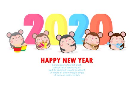 Happy new year 2020 greeting card with cute little mouse play musical and dance. Merry Christmas Symbol, flyers, posters, banners and calendar. Isolated on white background vector illustrationのイラスト素材