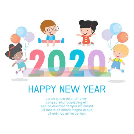 Happy new year 2020, Colorful Merry Christmas 2020 kids background, happy child jumping with Happy new year, Template for advertising brochure. poster Vector Illustrationのイラスト素材