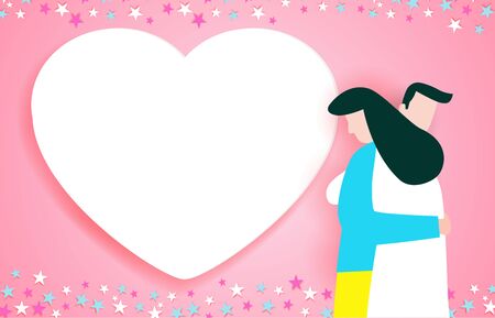 Happy Valentine day greeting card, lovely young joyful couple hug on pink paper abstract background, Vector illustration, paper craft style.のイラスト素材