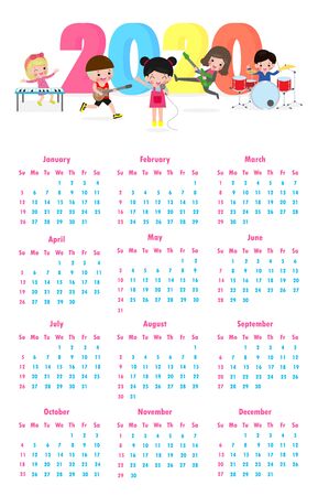 2020 calendar set. Colorful Merry Christmas 2020 kids background, happy child jumping with Happy new year, Template for advertising brochure. poster Happy new year Vector Illustrationのイラスト素材