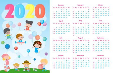 2020 calendar set. Colorful Merry Christmas 2020 kids background, happy child jumping with Happy new year, Template for advertising brochure. poster Happy new year Vector Illustrationのイラスト素材