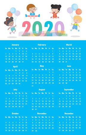 2020 calendar set. Colorful Merry Christmas 2020 kids background, happy child jumping with Happy new year, Template for advertising brochure. poster Happy new year Vector Illustrationのイラスト素材