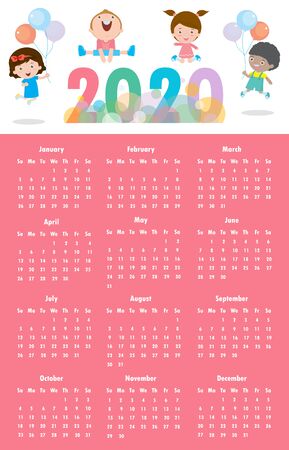2020 calendar set. Colorful Merry Christmas 2020 kids background, happy child jumping with Happy new year, Template for advertising brochure. poster Happy new year Vector Illustrationのイラスト素材