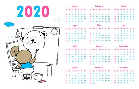 2020 calendar set. Colorful bear sketch doodle style. hand drawn frames  poster Happy new year Vector Illustrationのイラスト素材