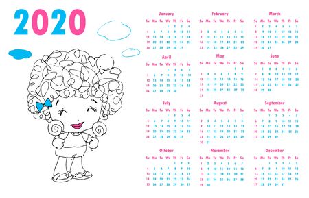 2020 calendar set. Colorful kids sketch doodle style. hand drawn frames  poster Happy new year Vector Illustrationのイラスト素材