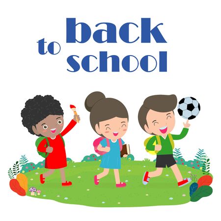 back to school, kids school, education concept, Kids go to school, Template for advertising brochure, your text, cartoon happy children, child and frame,Vector Illustration.のイラスト素材