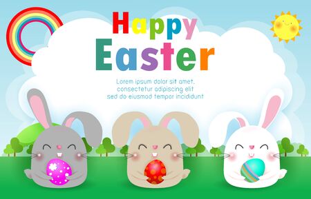 Happy Easter greeting card. Three Little Rabbit holding Easter eggs,  Rabbit Bunny Easter banner template isolated on Backgroundのイラスト素材