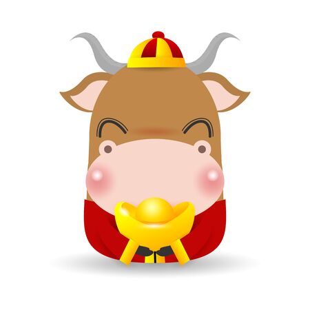 Little ox with holding Chinese gold, Happy Chinese new year 2021 year of the ox zodiac, Cartoon vector illustration isolated on white background.のイラスト素材
