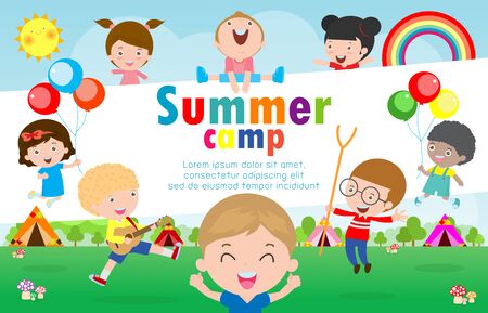 kids summer camp education Template for advertising brochure, children doing activities on camping, poster flyer template, your text ,Vector Illustrationのイラスト素材