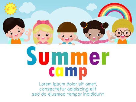 kids summer camp education Template for advertising brochure, children doing activities on camping, poster flyer template, your text ,Vector Illustrationのイラスト素材