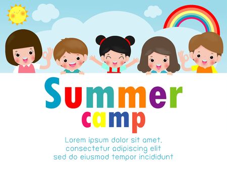 kids summer camp education Template for advertising brochure, children doing activities on camping, poster flyer template, your text ,Vector Illustrationのイラスト素材