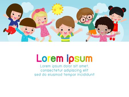 Happy children jumping and dancing on the park, kids activities,  children playing in playground,  Vector Illustrationのイラスト素材